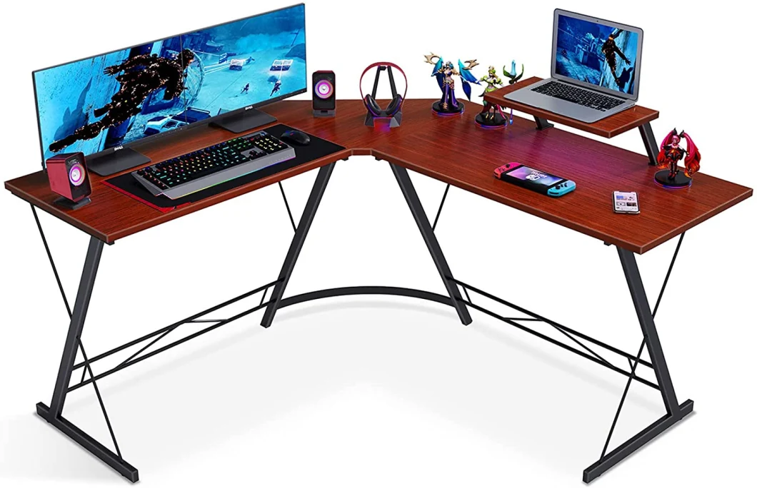 Home Office Computer Round Corner L Shaped Gaming Desk with Large Monitor Stand Desk Workstation